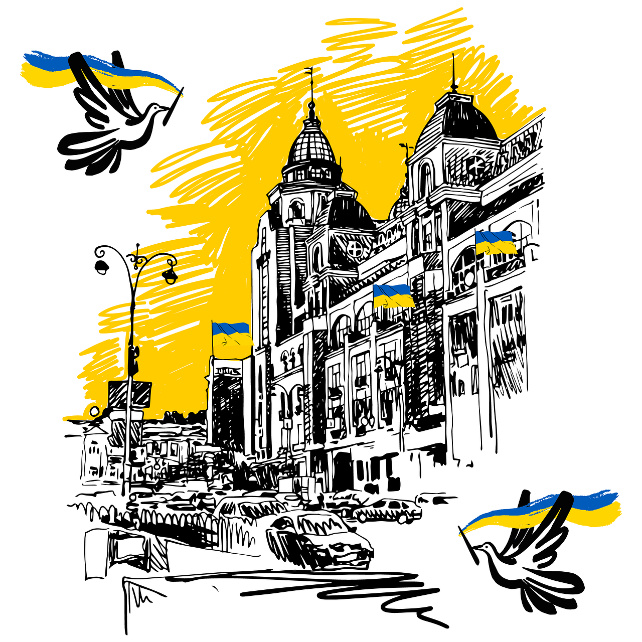 Ukraine, flags and doves